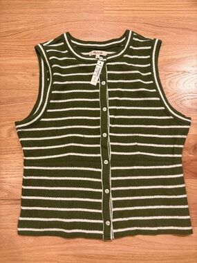 Madewell NWT Olive Green & White Striped Button-Front Tank Sz L